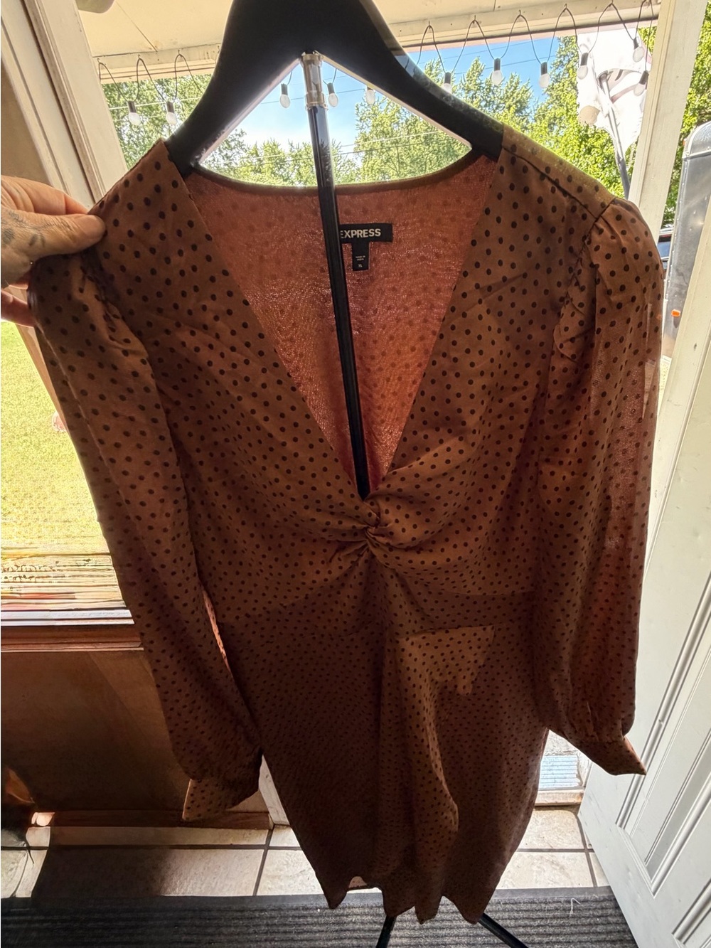 Express Brown Polka Dot Long Sleeve Twist Front Dress
